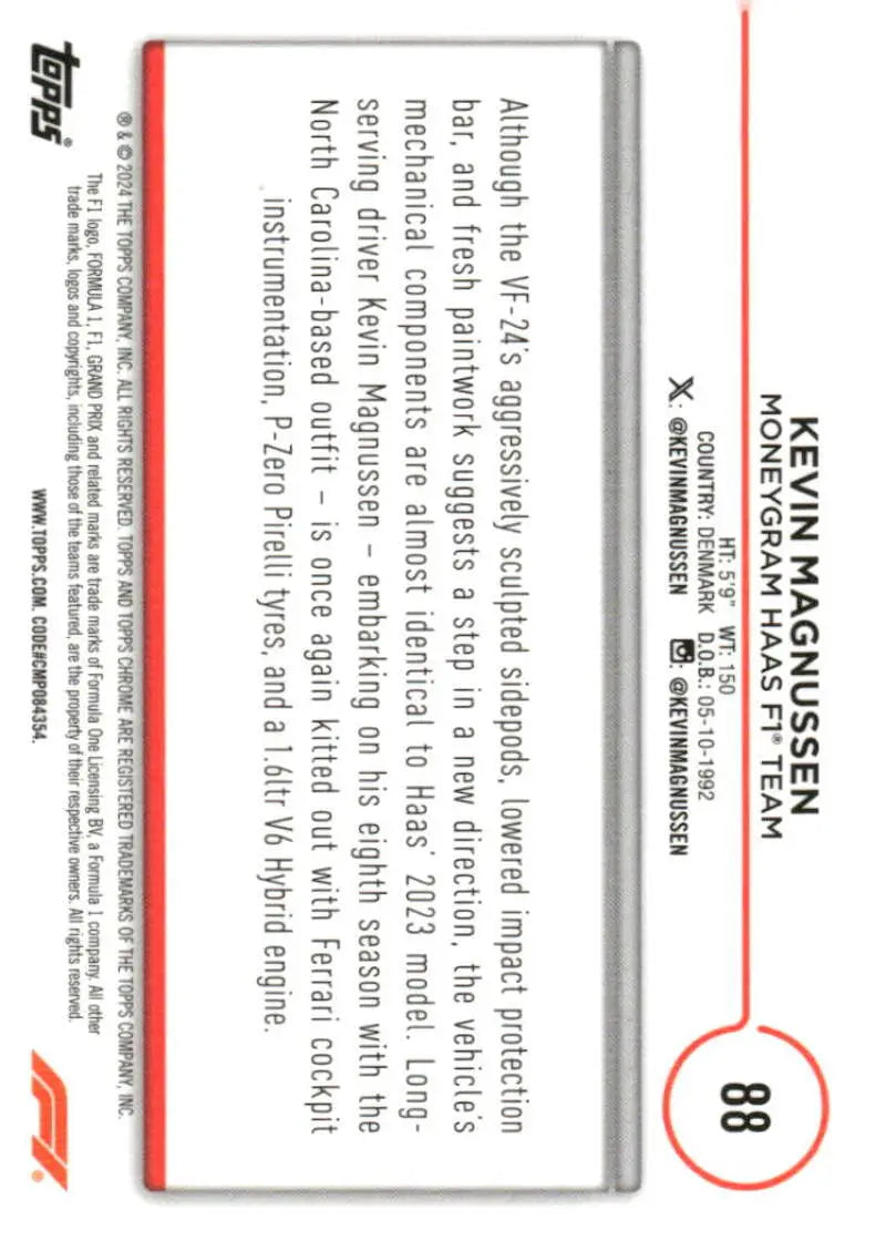 Kevin Magnussen Haas F1 Team racing card from 2024 Topps Chrome F1 collection