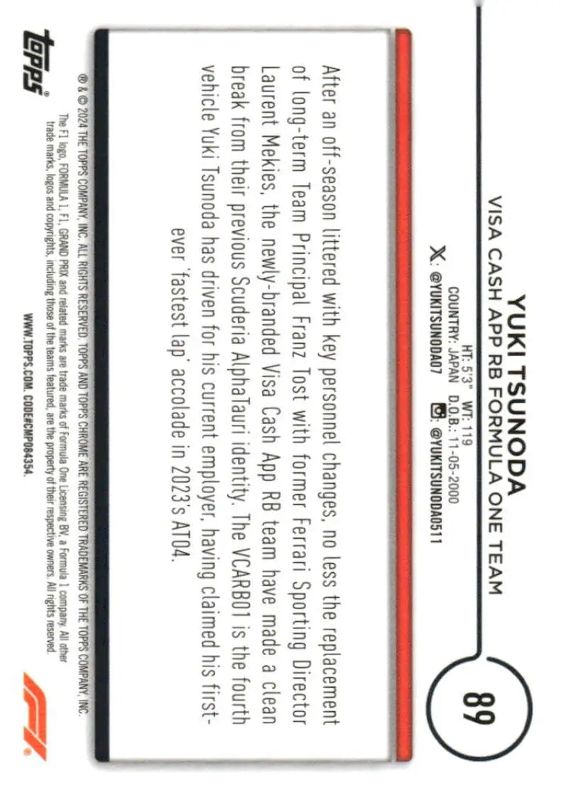 Yuki Tsunoda trading card from 2024 Topps Chrome Formula 1 series displayed on product