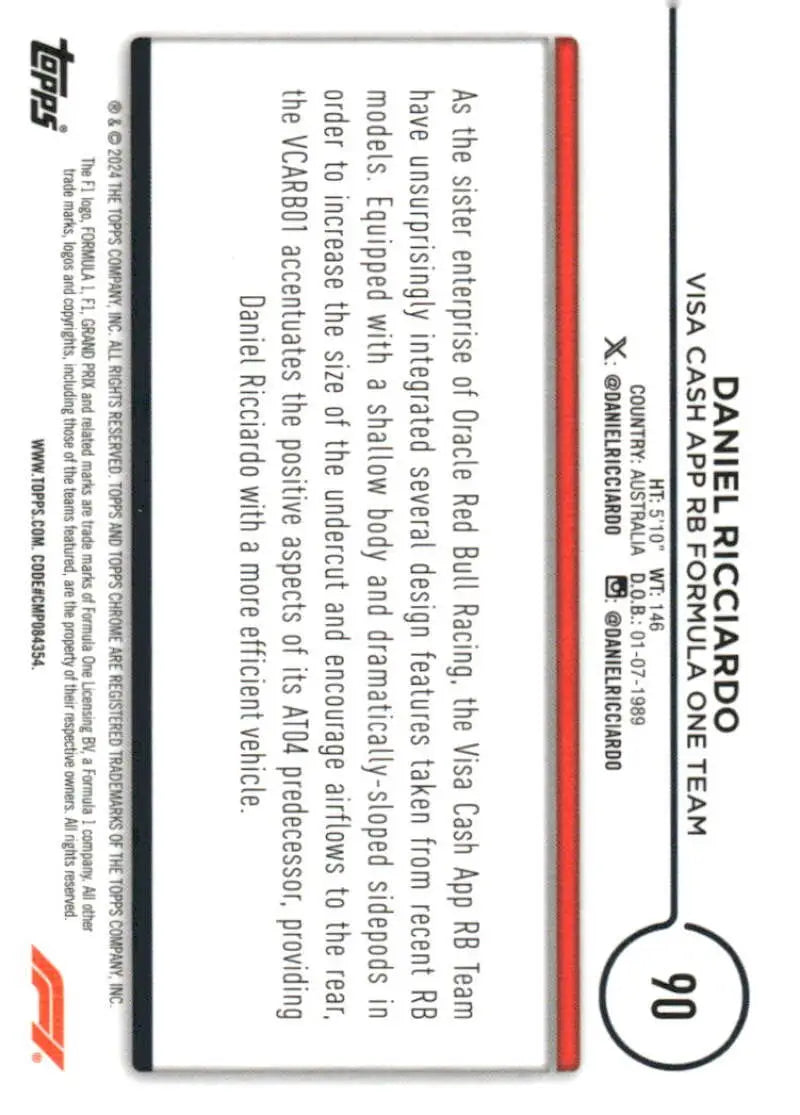 2024 Topps Chrome Formula 1 Daniel Ricciardo trading card featured in Visa Cash App RB Team