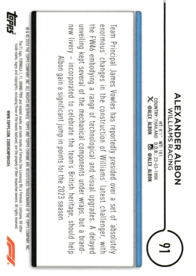 Trading card back of 2024 Topps Chrome Formula 1 Alexander Albon Williams Racing