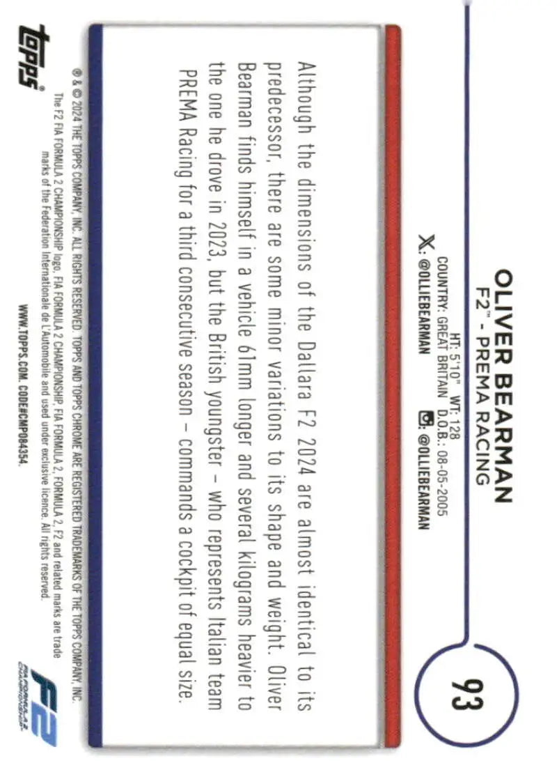 Oliver Bearman F2 trading card from Topps Chrome 2024 Prema Racing series