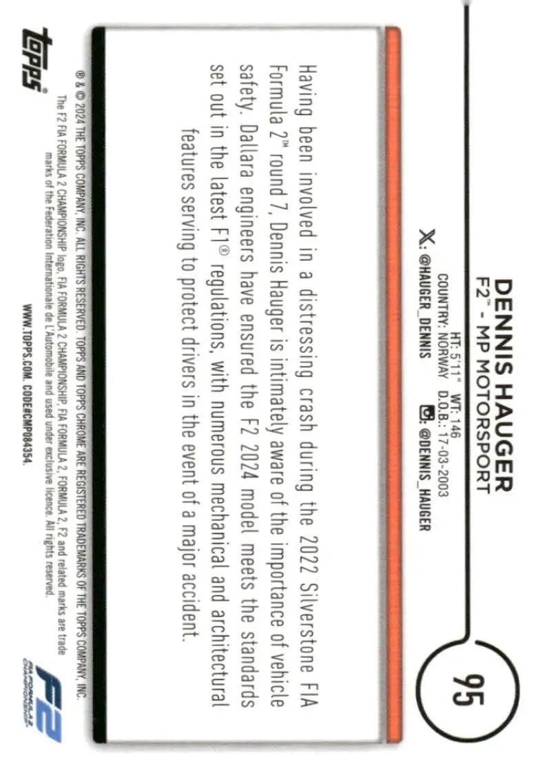 Dennis Hauger Topps Chrome Formula 2 trading card from 2024 Topps Chrome Series