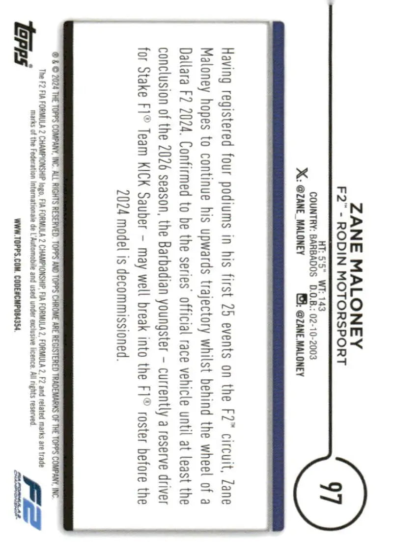 Trading card back of Zane Maloney Topps Chrome Formula 1 2024 Rodin Motorsport