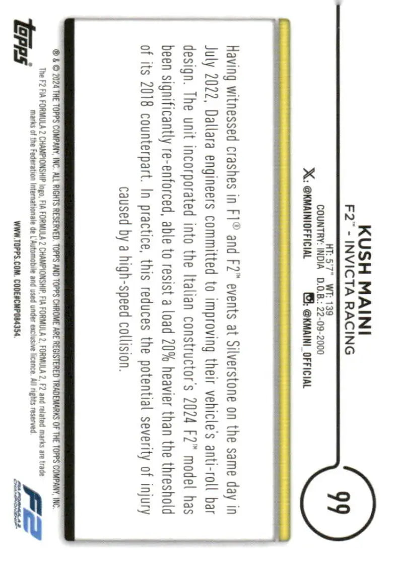 Kush Maini Topps Chrome Formula 1 F2 trading card in the 2024 Topps Chrome collection