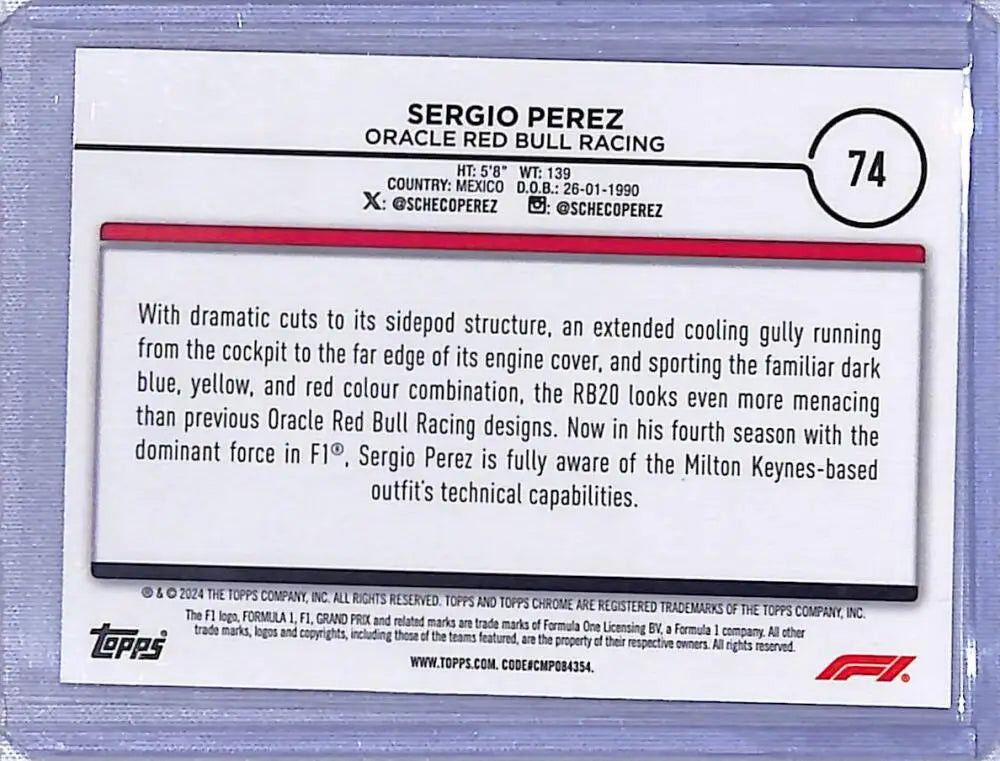 Sergio Perez 2024 Topps Chrome Pink RayWave Red Bull Racing Trading Card NM-MT