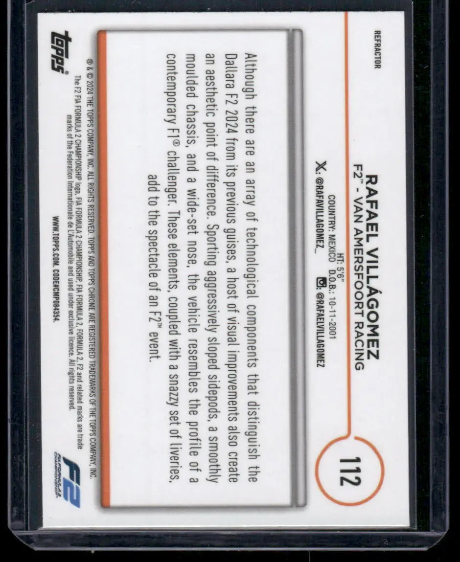 Topps Chrome Formula 2 Rafael Villagomez trading card from 2024 Topps Chrome Formula series