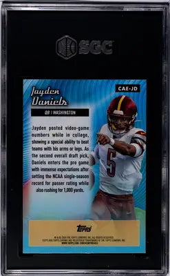 Graded 2024 Topps Chrome Jayden Daniels rookie football card featuring Jayden Daniels