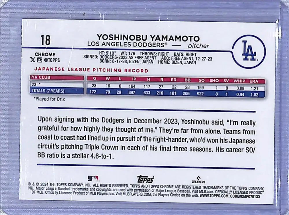 2024 Topps Chrome Logofractor #18 Yoshinobu Yamamoto Los Angeles Dodgers baseball card