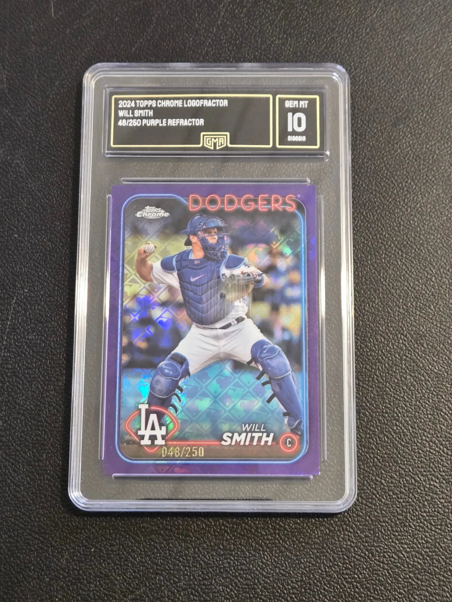 Graded Will Smith baseball card in purple refractor from 2024 Topps Chrome Logofractor Edition