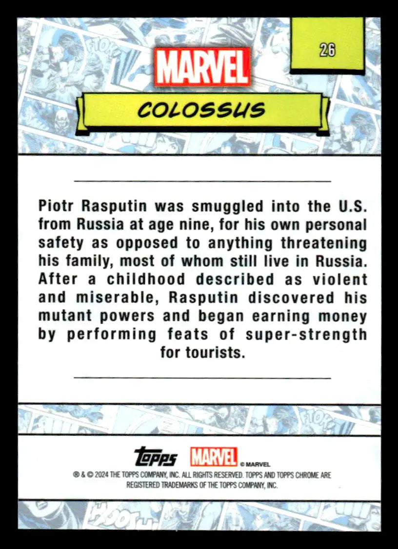Collectible Marvel trading card featuring Colossus from 2024 Topps Chrome Marvel series