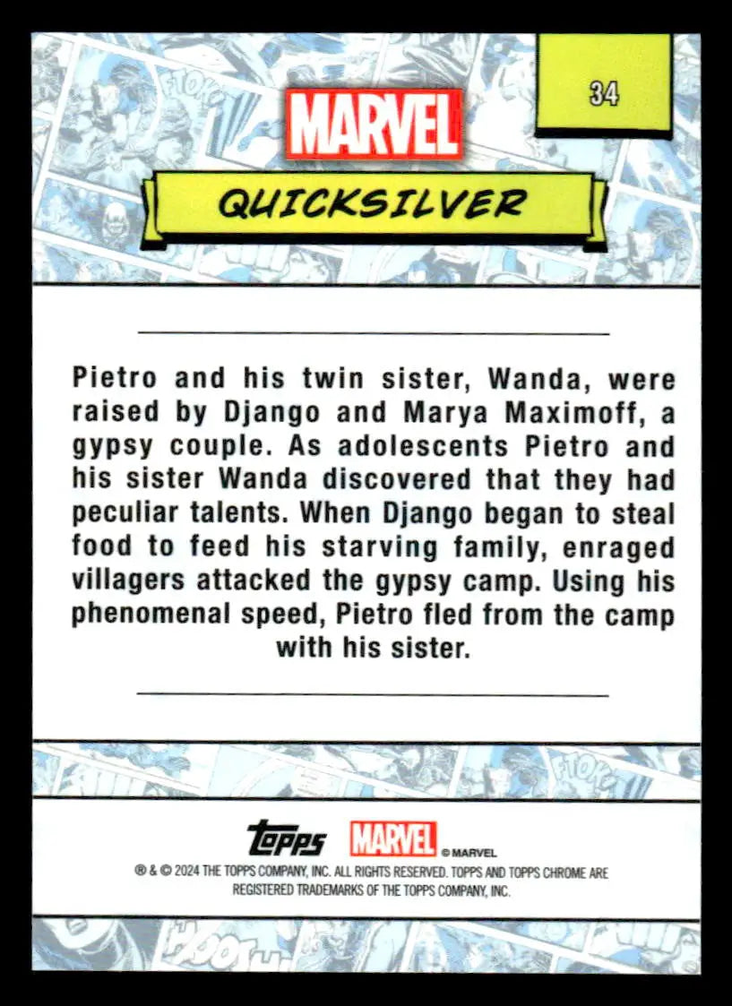 Trading card featuring Quicksilver from 2024 Topps Chrome Marvel series