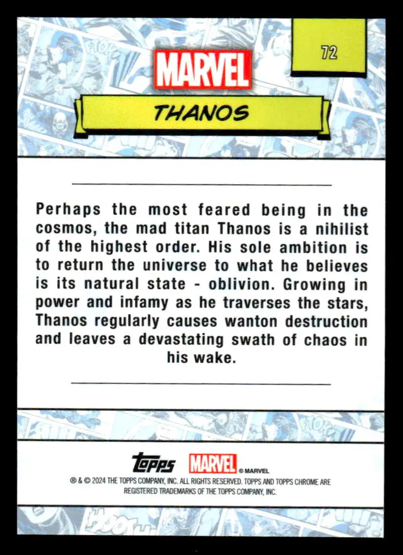 Thanos Marvel trading card from 2024 Topps Chrome Marvel series displayed in packaging