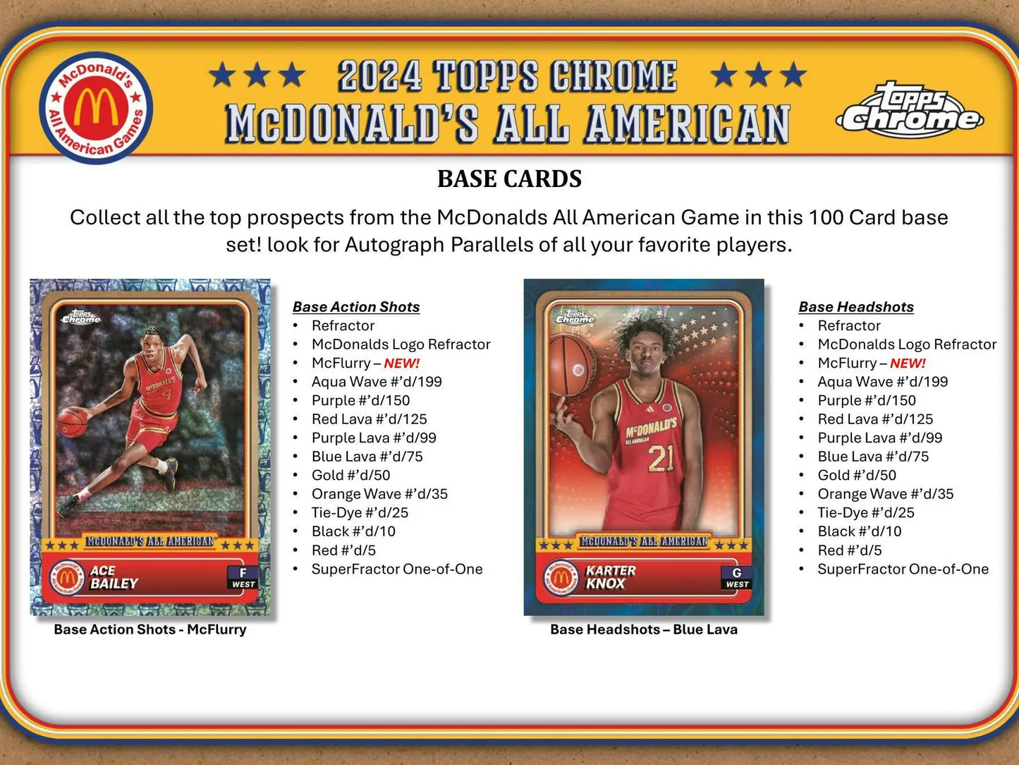 McDonald’s All American trading cards inside 2024 Topps Chrome Hobby Box featuring Cooper Flagg and logo refractor