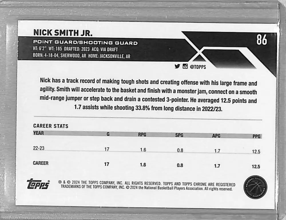 2024 Topps Chrome Pink Nick Smith Jr. basketball trading card with stats and bio