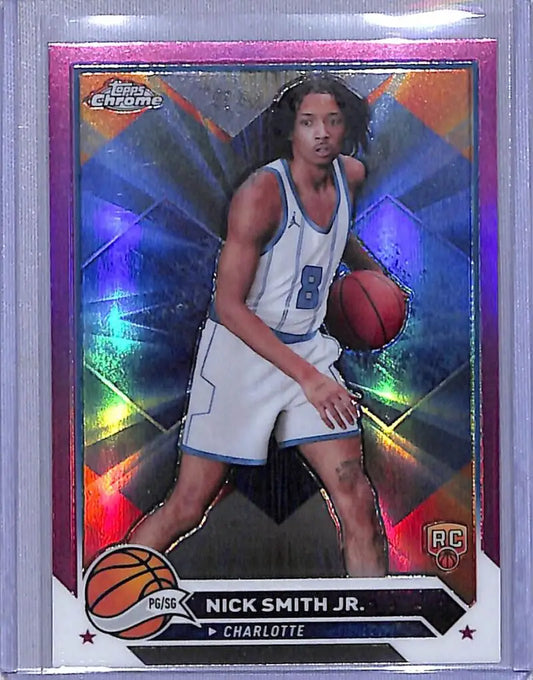 Purple Topps Chrome Pink basketball trading card of Nick Smith Jr. in Hornets uniform