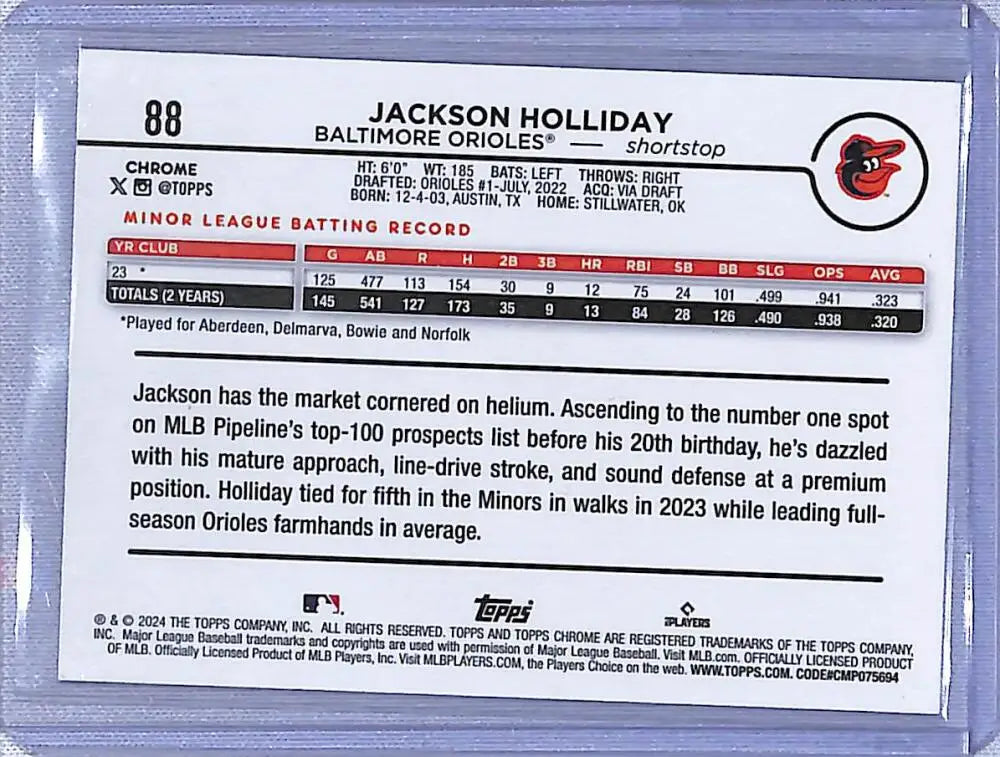 Jackson Holliday baseball card from 2024 Topps Chrome Ray Wave for Baltimore Orioles