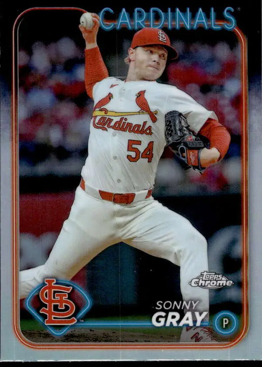 Baseball card of Sonny Gray, St. Louis Cardinals pitcher in white and red uniform