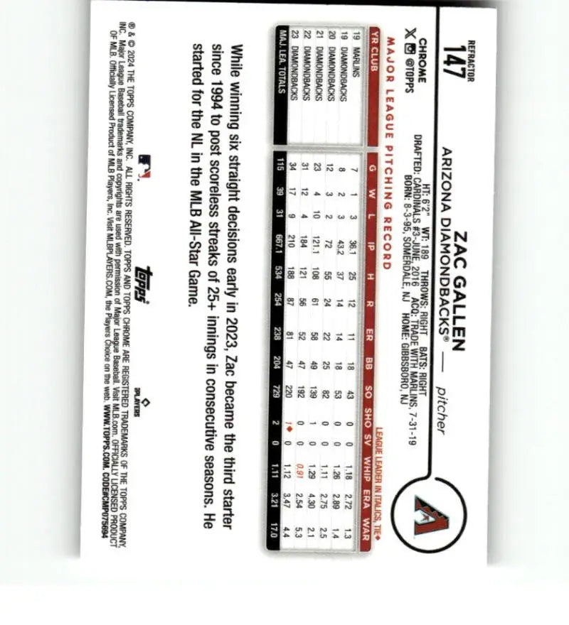 Baseball scorecard featuring Arizona Diamondbacks player Zac Gallen in 2024 Topps card