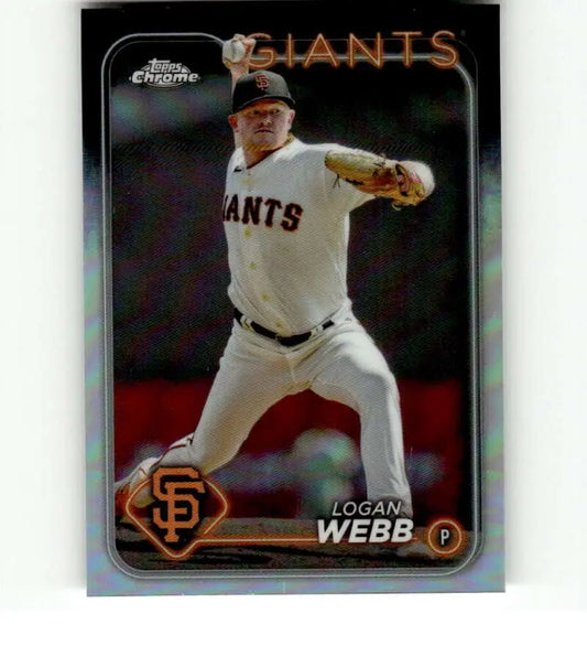 Baseball card of Logan Webb in mid-throw for San Francisco Giants 2024 Topps Chrome Refractor