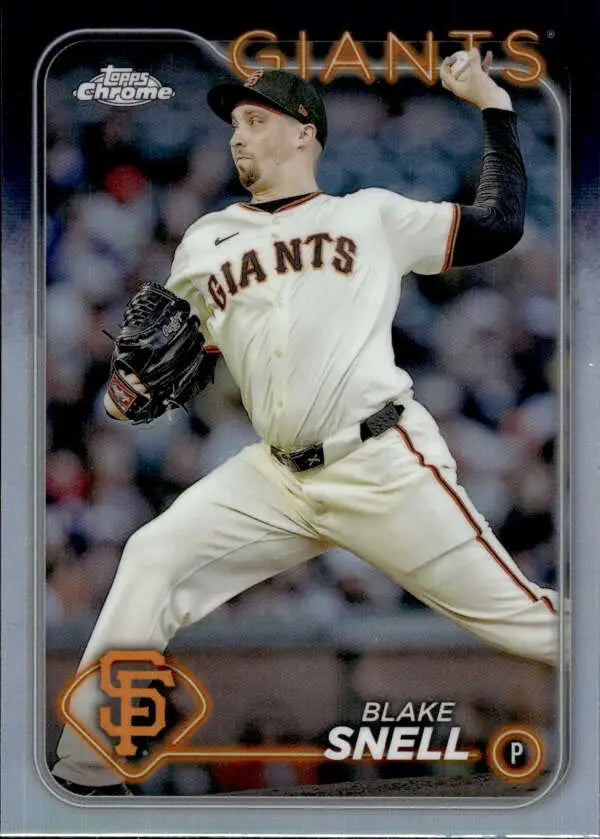 Baseball card of Blake Snell, San Francisco Giants pitcher, in Topps Chrome Refractor design