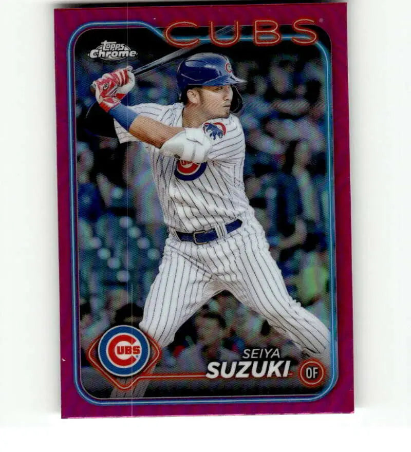 Pink-bordered Topps Chrome Refractor featuring Seiya Suzuki of the Chicago Cubs at bat