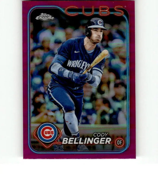 Pink-bordered Chrome baseball card of Cody Bellinger in Chicago Cubs jersey
