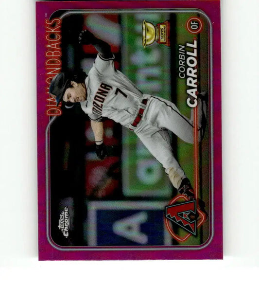 Corbin Carroll leaping catch on a 2024 Topps Chrome Refractor Pink baseball card