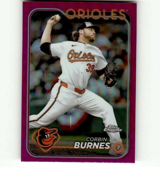 Baseball card of Corbin Burnes in mid-throw wearing Baltimore Orioles home uniform