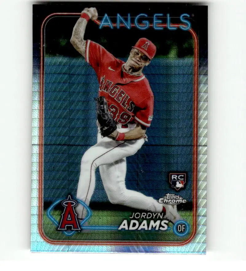 Jordyn Adams Los Angeles Angels Baseball Card showing throwing motion in red uniform Refractor Prism