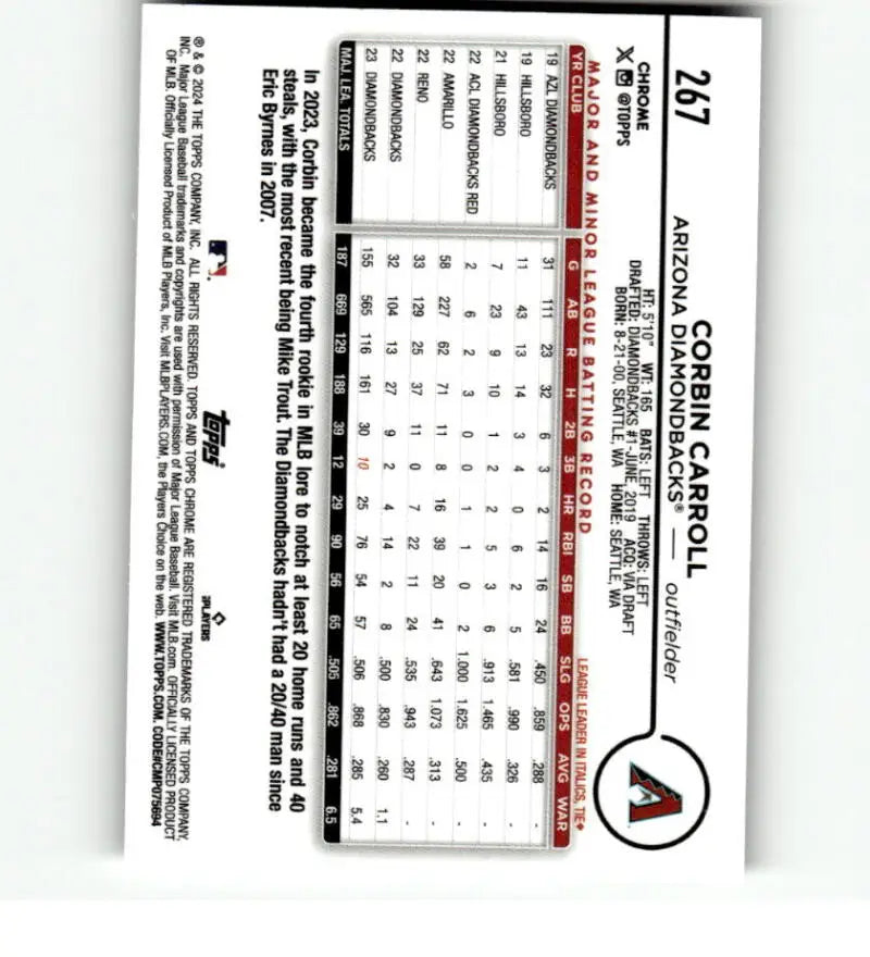 Answer sheet alongside 2024 Topps Chrome Refractor Prism Corbin Carroll baseball card