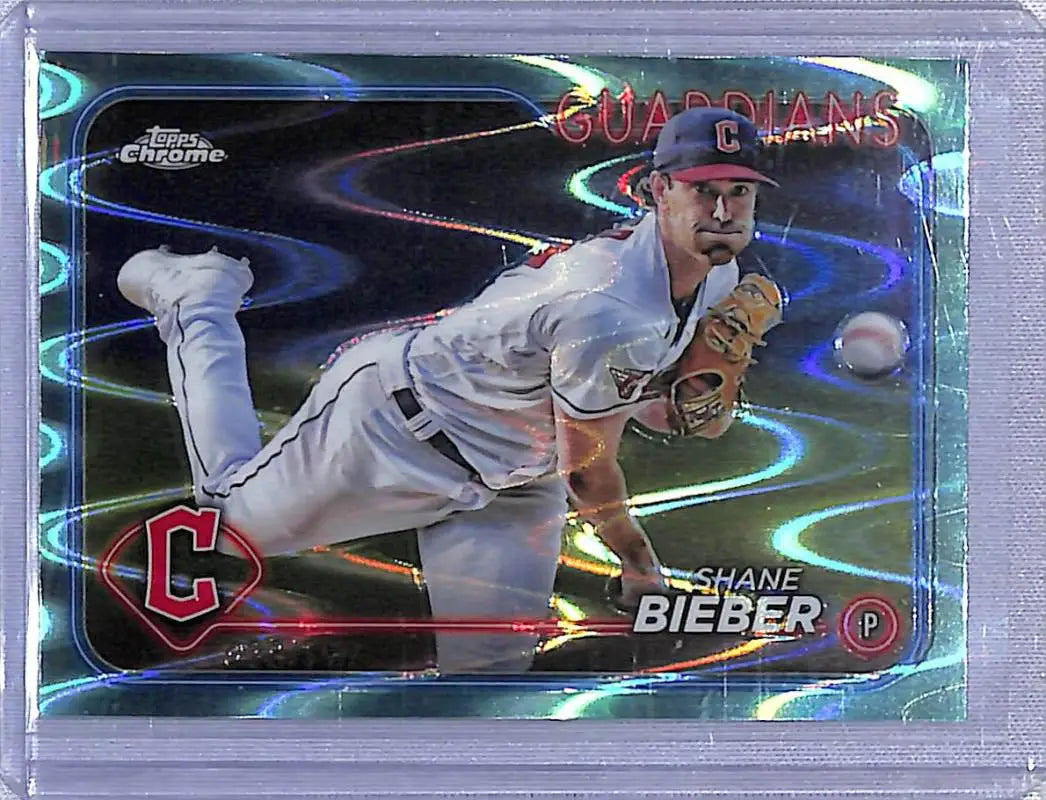 Shane Bieber 2024 Topps Chrome Refractor RayWave Aqua baseball card 028/199