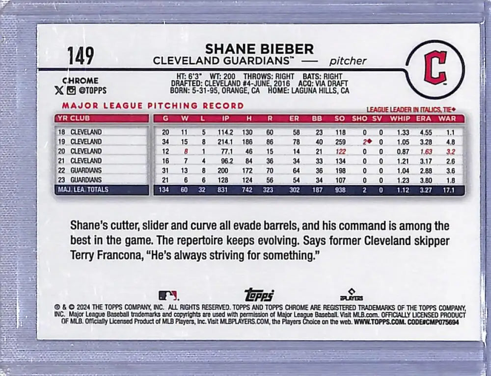 Shane Bieber 2024 Topps Chrome RayWave Aqua baseball card #149 Cleveland Guardians