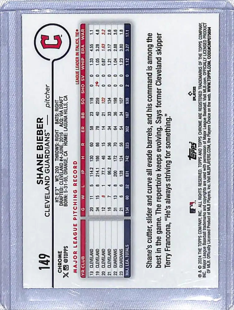 Baseball card featuring Shane Bieber with statistical grid and Utah Utes logo in Sonar Purple