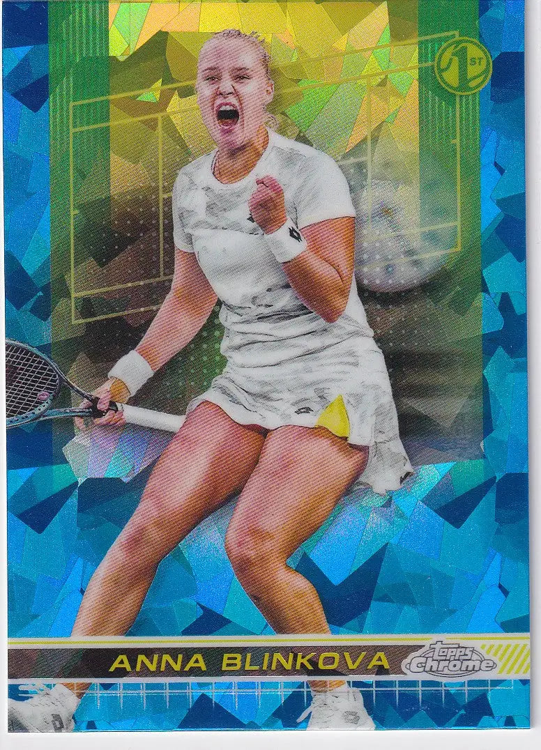 Tennis player Anna Blinkova celebrates in dress during match, Topps Chrome Sapphire card