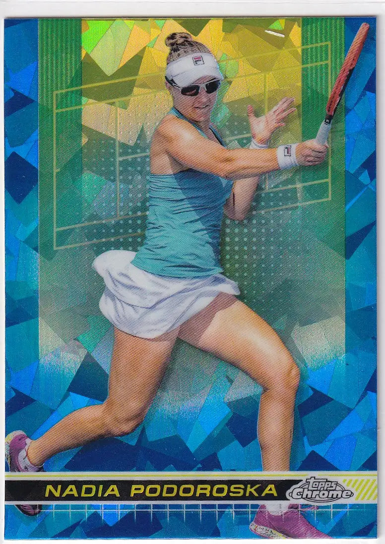 Tennis player in blue tank top and white skirt hitting forehand, Topps Chrome Sapphire card