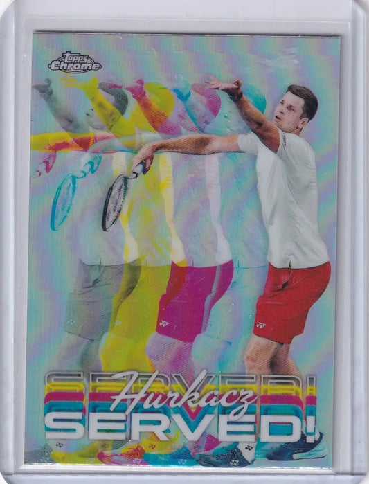 Holographic Topps Chrome Served card featuring Hubert Hurkacz serving motion sequence