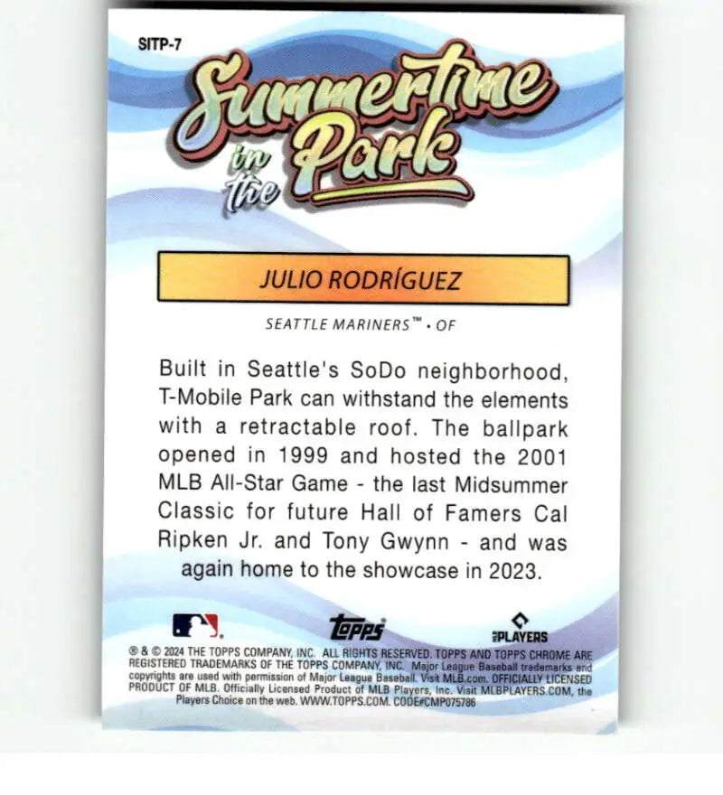 Baseball card showcasing T-Mobile Park history with Julio Rodriguez and Seattle Mariners