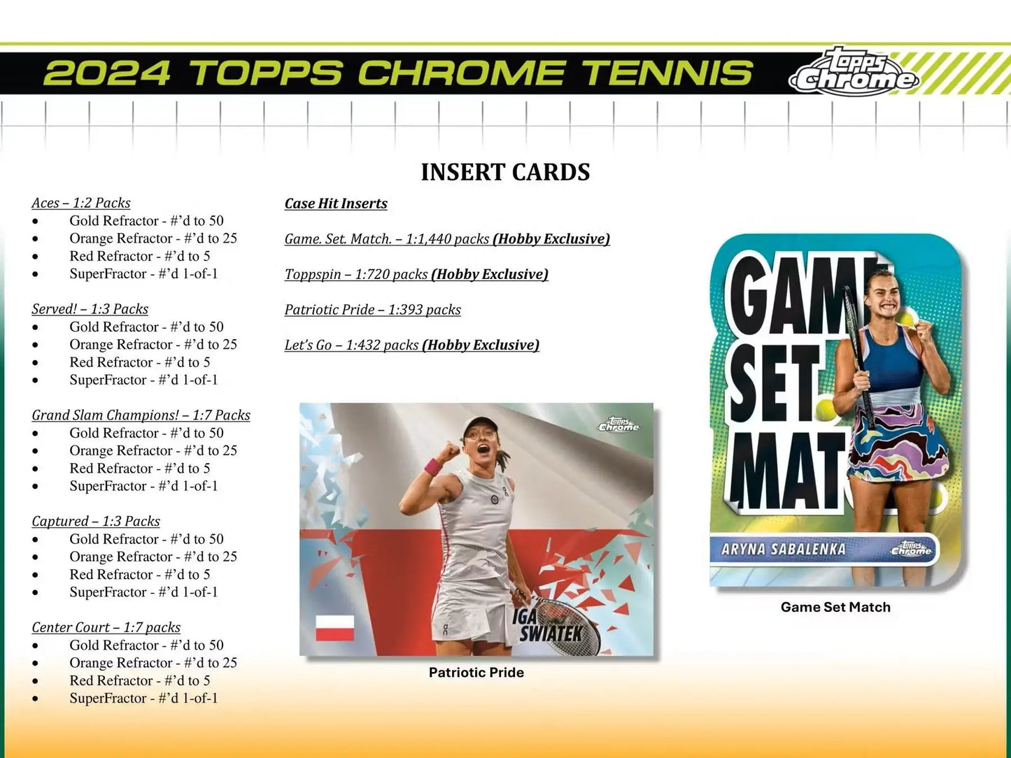 2024 Topps Chrome Tennis Breakers Delight sell sheet featuring gold refractor and orange refractor
