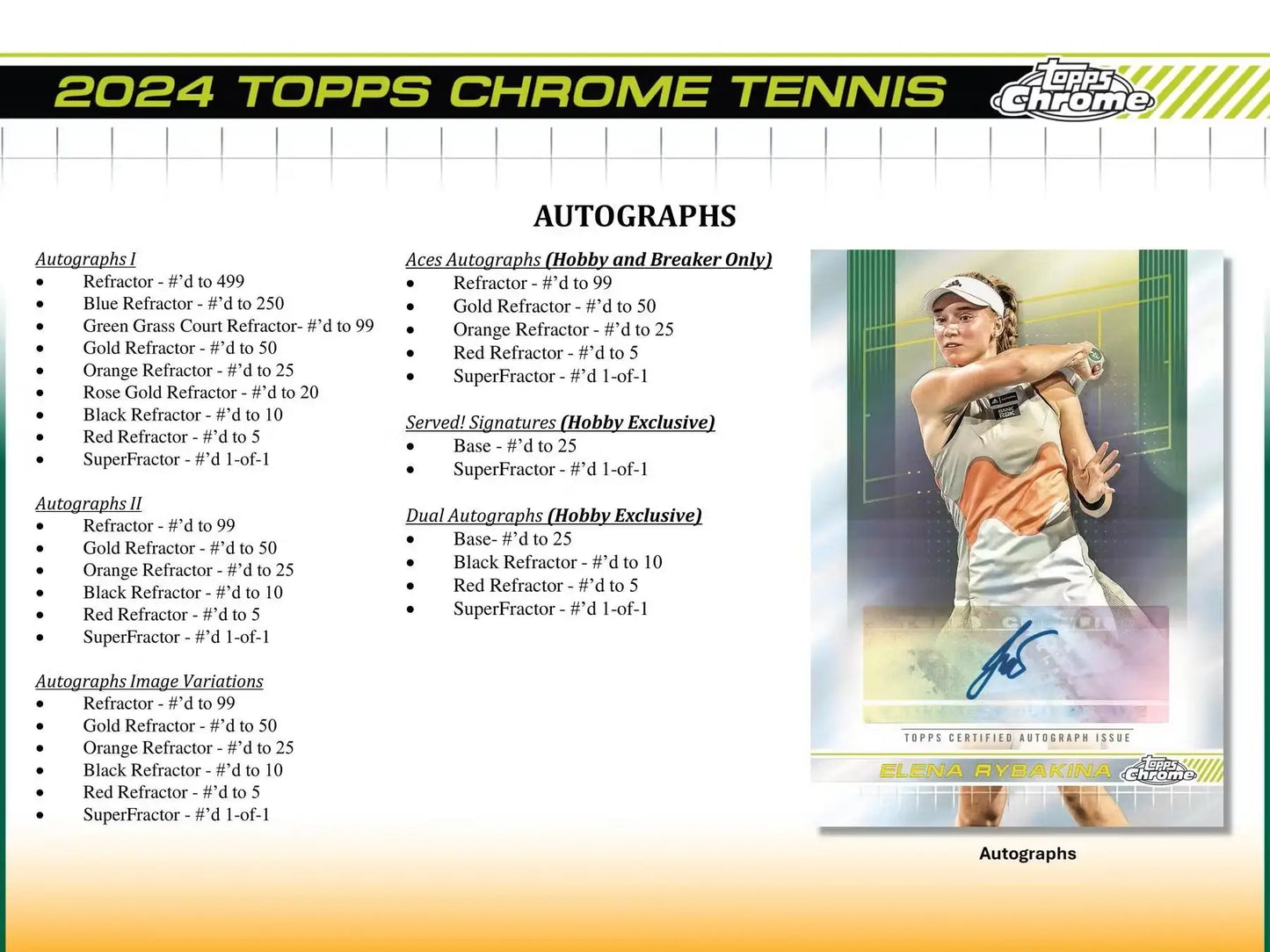 2024 Topps Chrome Tennis checklist with autographed player card and refractor details