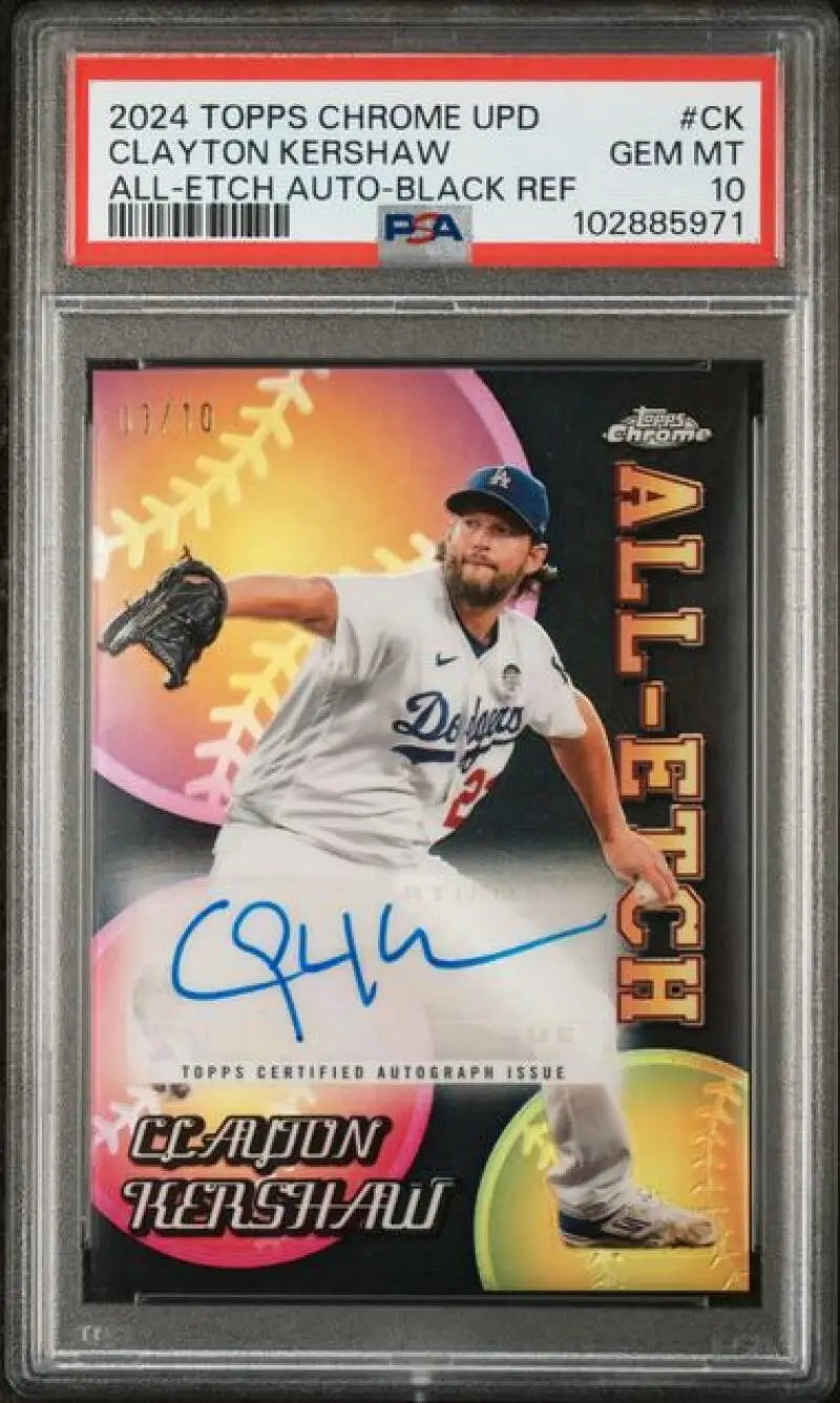 Clayton Kershaw autographed baseball card from 2024 Topps Chrome, Los Angeles Dodgers