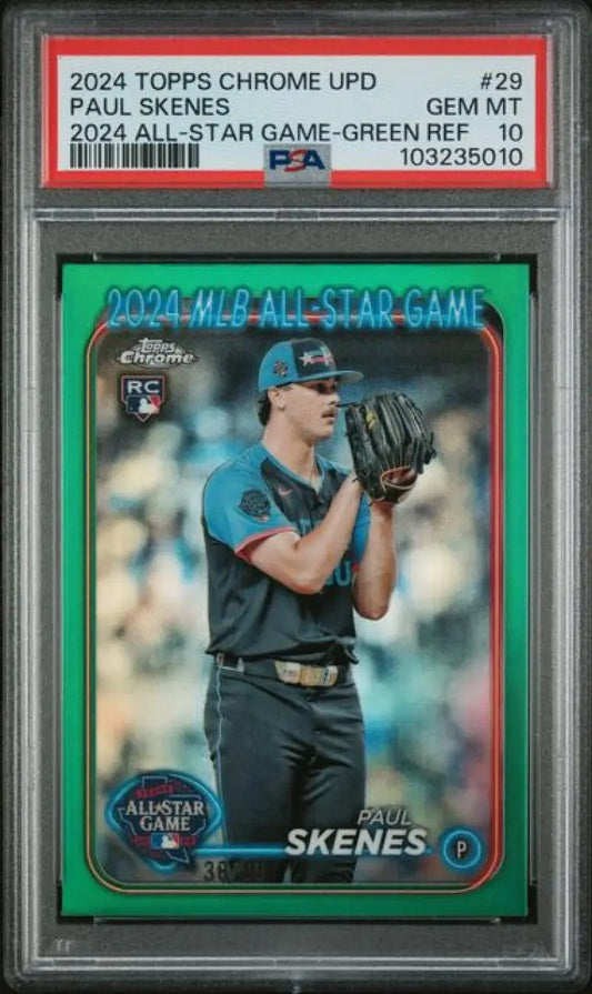 Graded Paul Skenes baseball card with Refractor Green, PSA 10 GEM MINT from 2024 Topps Chrome