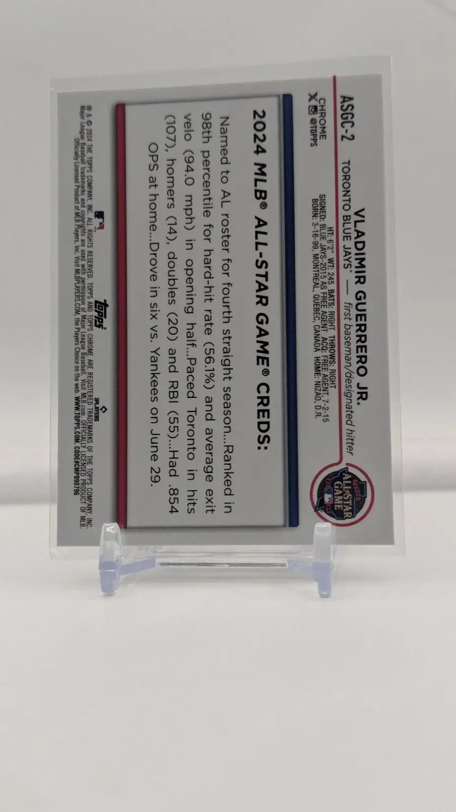 Back of 2024 Topps Chrome Update Series All-Star Game card featuring Vladimir Guerrero Jr