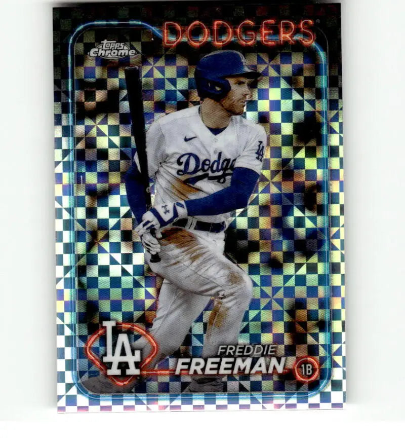 Shiny holographic Topps Chrome baseball card of Freddie Freeman, Los Angeles Dodgers player