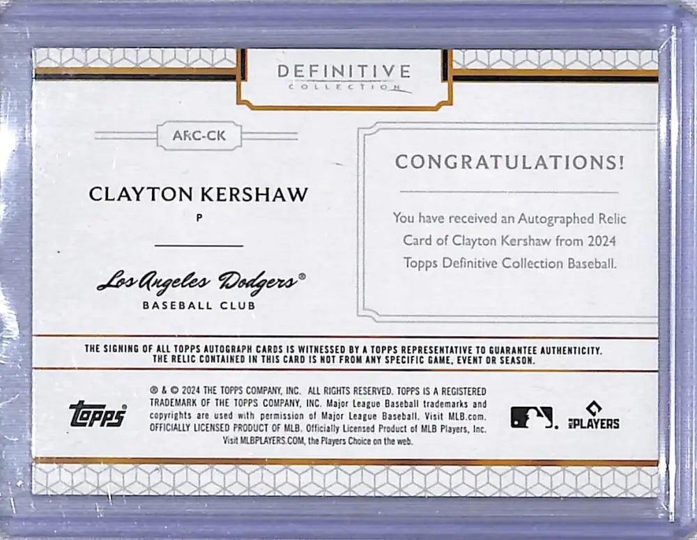 Clayton Kershaw autographed relic baseball card from 2024 Topps Definitive Collection Los Angeles Dodgers
