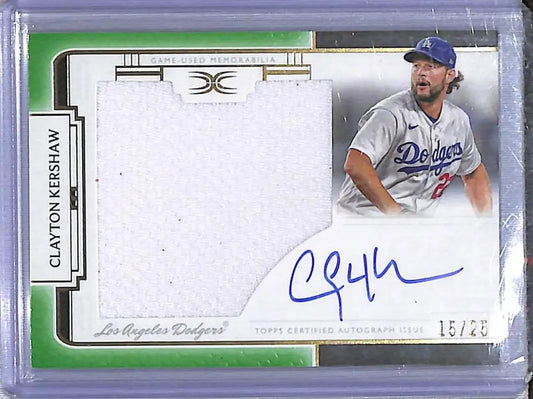 Clayton Kershaw autographed baseball card with game-used memorabilia from Topps Definitive Collection