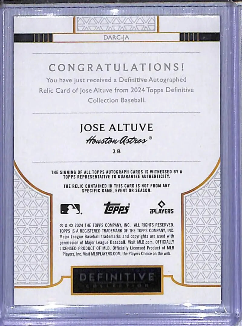 Jose Altuve autographed relic card from 2024 Topps Definitive Houston Astros