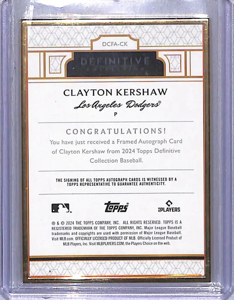 Clayton Kershaw Los Angeles Dodgers baseball card in 2024 Topps Definitive Gold Frame