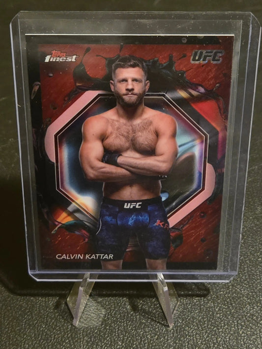 UFC Calvin Kattar trading card in protective case from 2024 Topps Finest UFC Calvin Kattar Red Shimmer Refractors