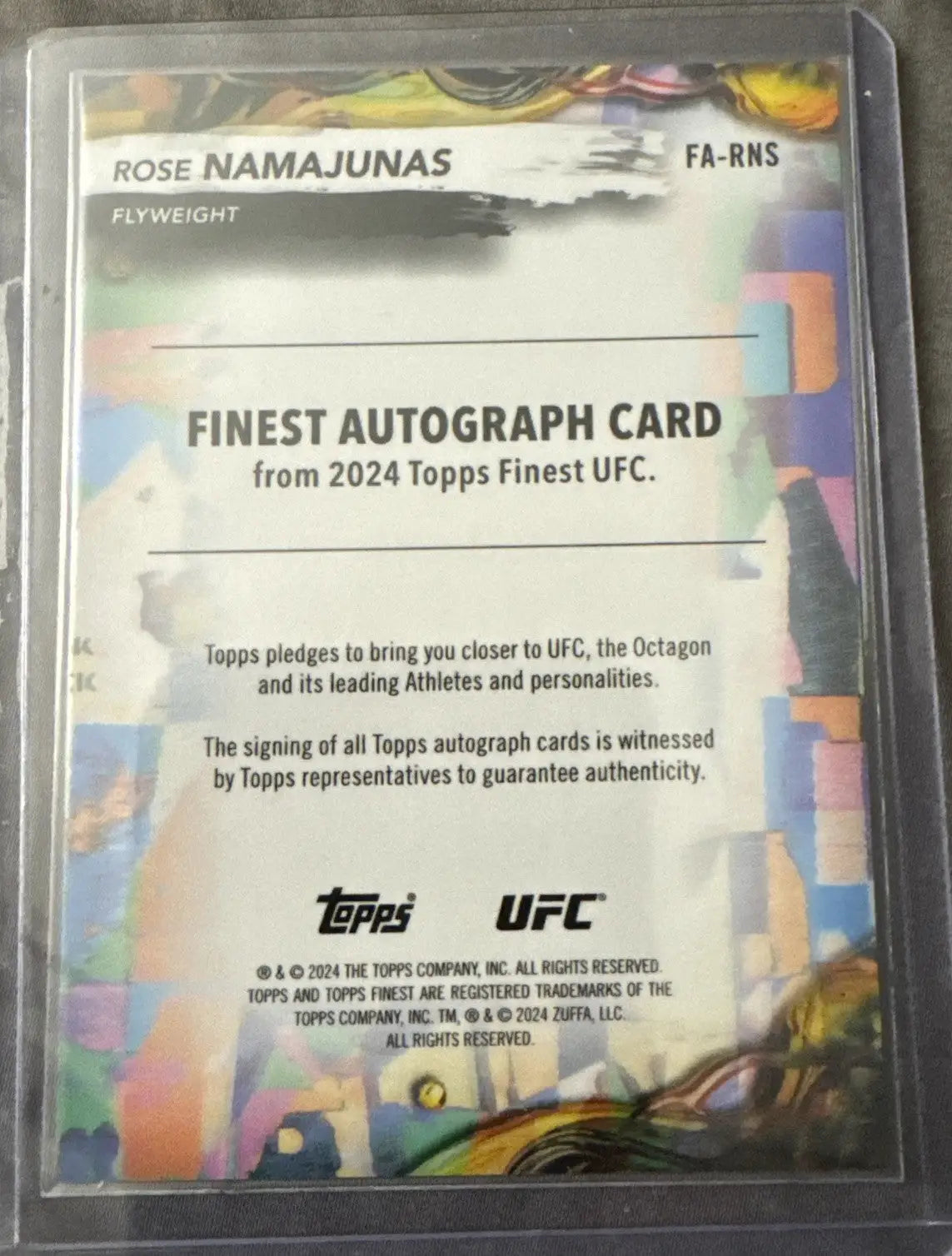 Back of Rose Namajunas 2024 Topps Finest UFC Finest Auto Red Shimmer Refractor card