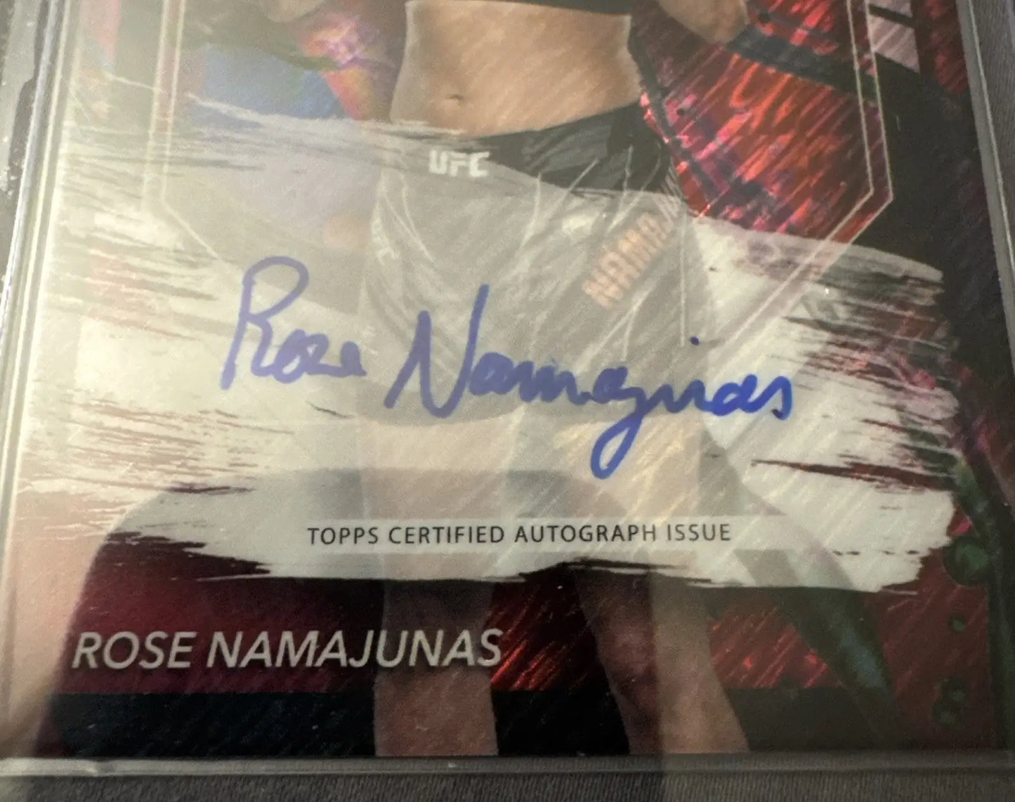 Collectible trading card featuring Rose Namajunas autograph from 2024 Topps Finest UFC Finest Auto Red Shimmer Refractor
